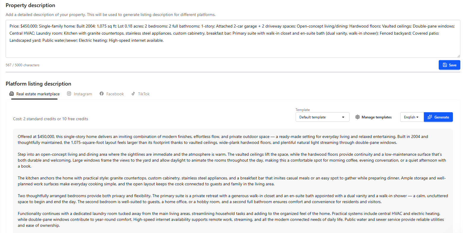 Listing description example